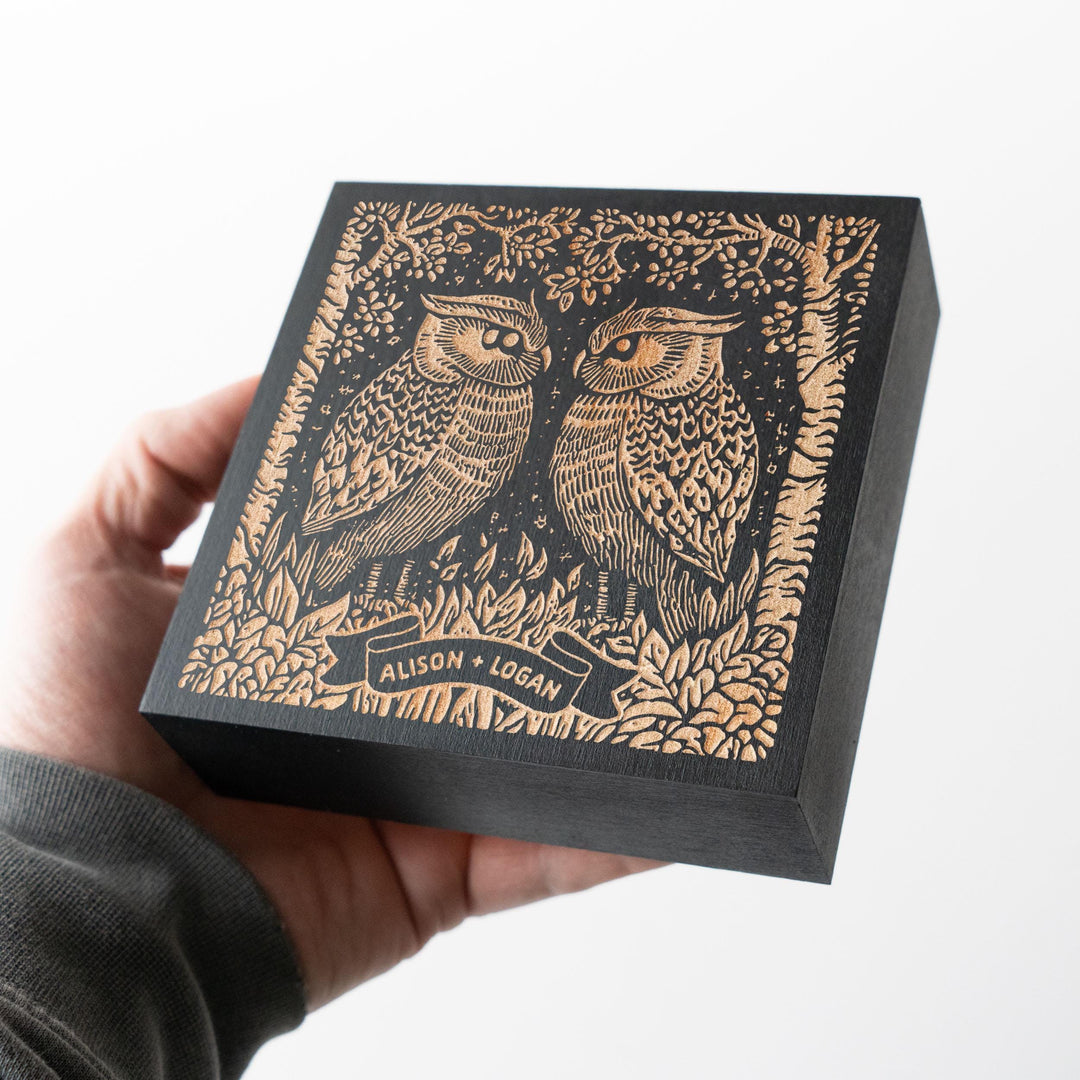 Custom Name Great Horned Owl Couple Engraved Birch Wood Panel