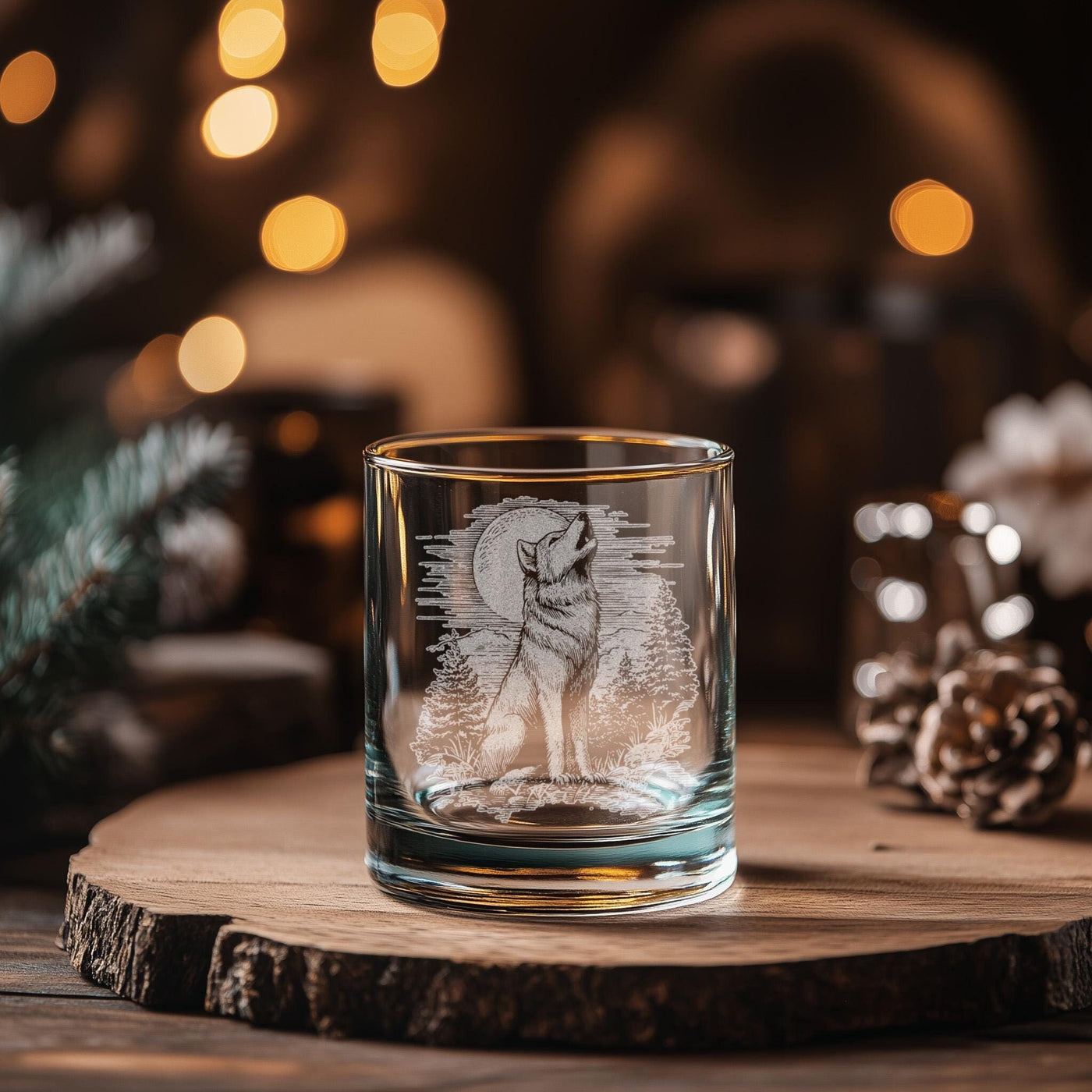 Wolf Scene Glasses | Wildlife Themed Personalized Whiskey, Wine & Beer Glassware, Full Moon Howling Wolf Drinkware, Forest Animal Gift