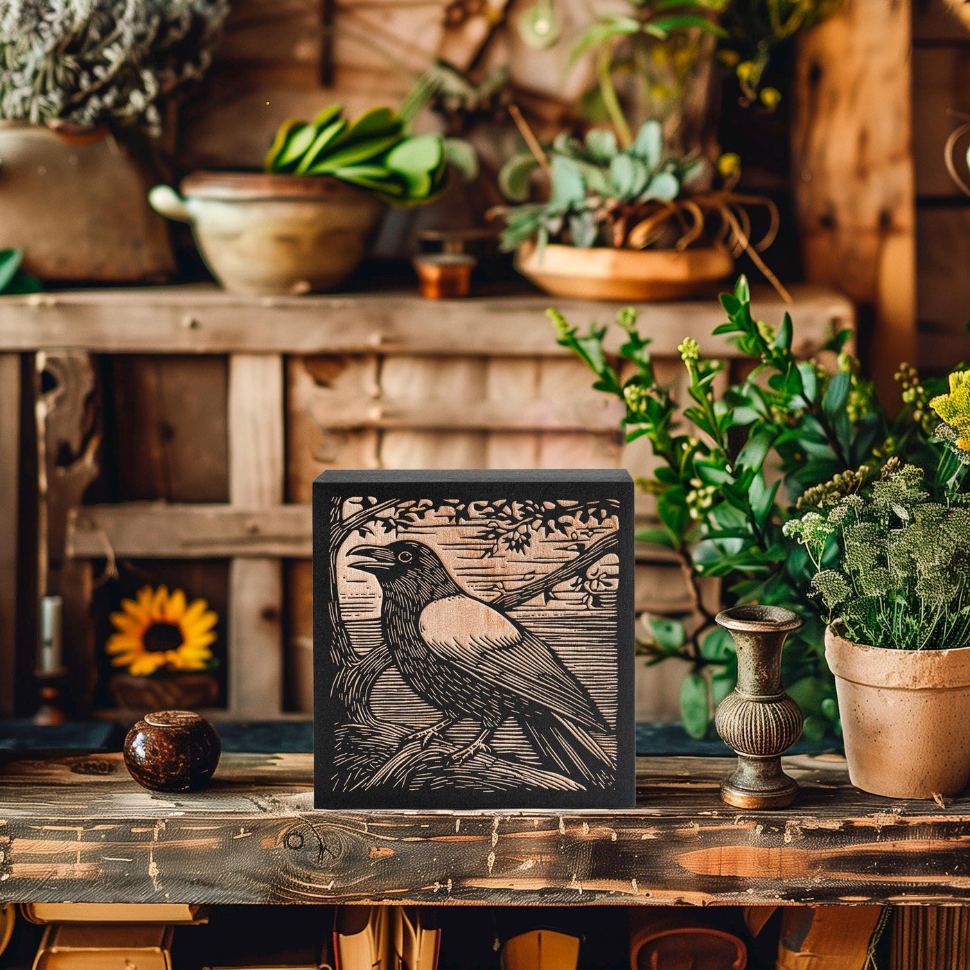 Crow Engraved Birch Wood Panel