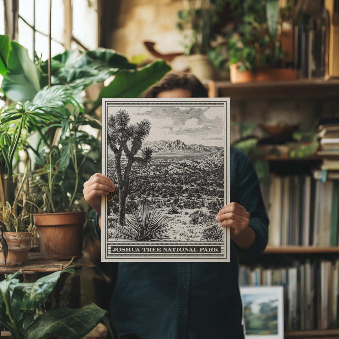Joshua Tree National Park Lithograph Style Print - Vintage California archival matte fine art print. Western aesthetic gift. Desert travel.