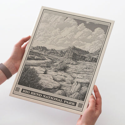 Big Bend Lithograph Style Print - Vintage Texas archival matte fine art print. Chisos mountain range. Rio Grand Chihuahuan Desert. West Gift