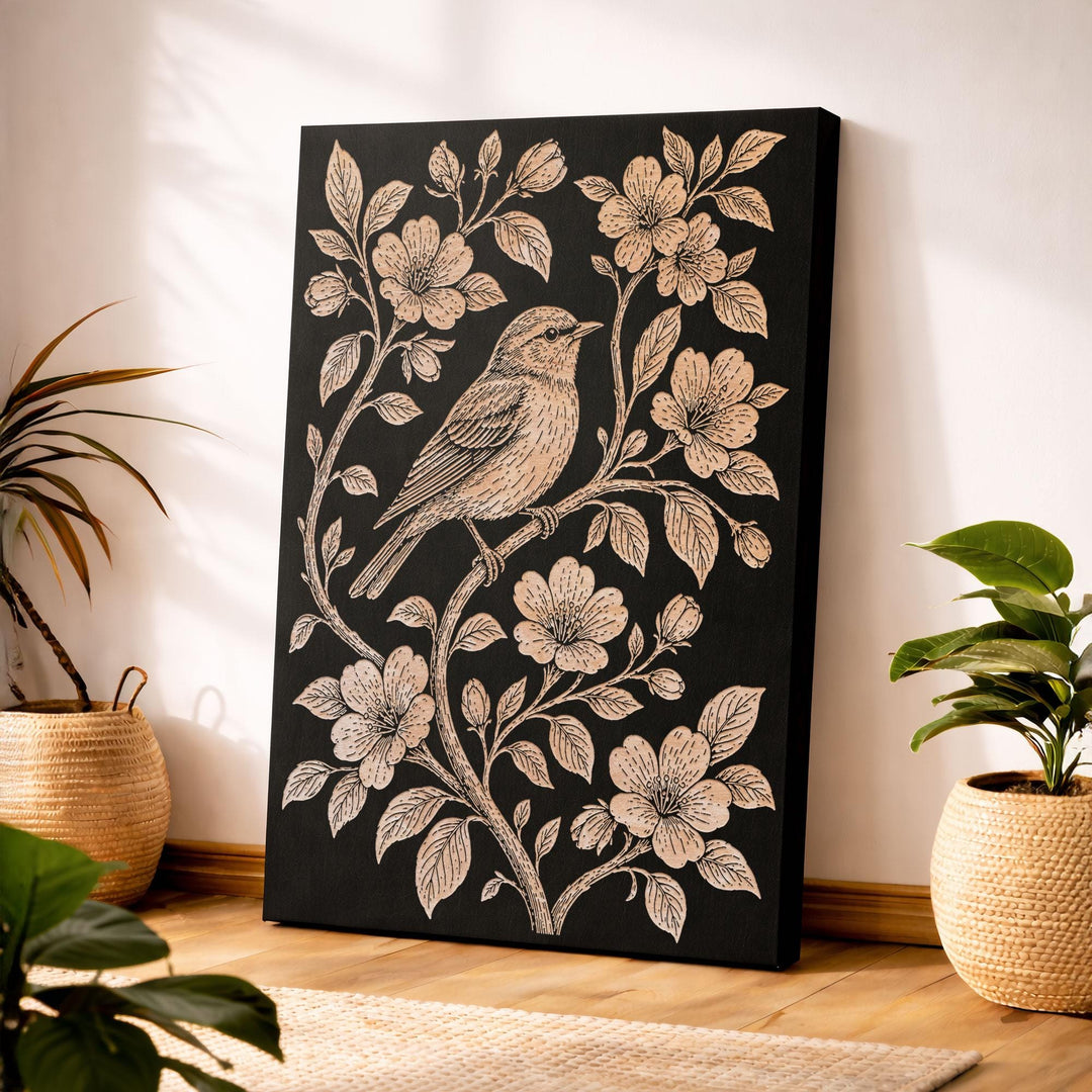 Songbird Perched Among Flowering Branches Engraved Birch Art Panel
