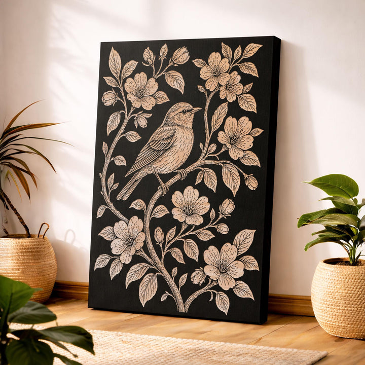 Songbird Perched Among Flowering Branches Engraved Birch Art Panel