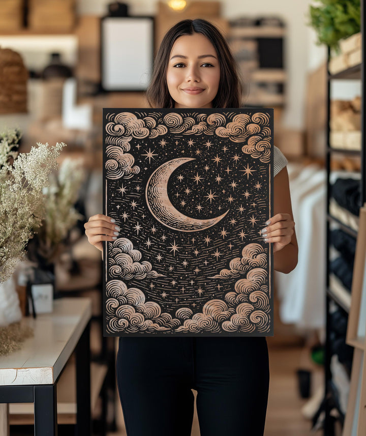 Celestial Moon &amp; Stars Engraved Birch Illustration