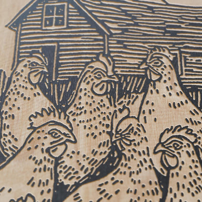 Chickens on a Farm Engraved Wood Wall Art Panel