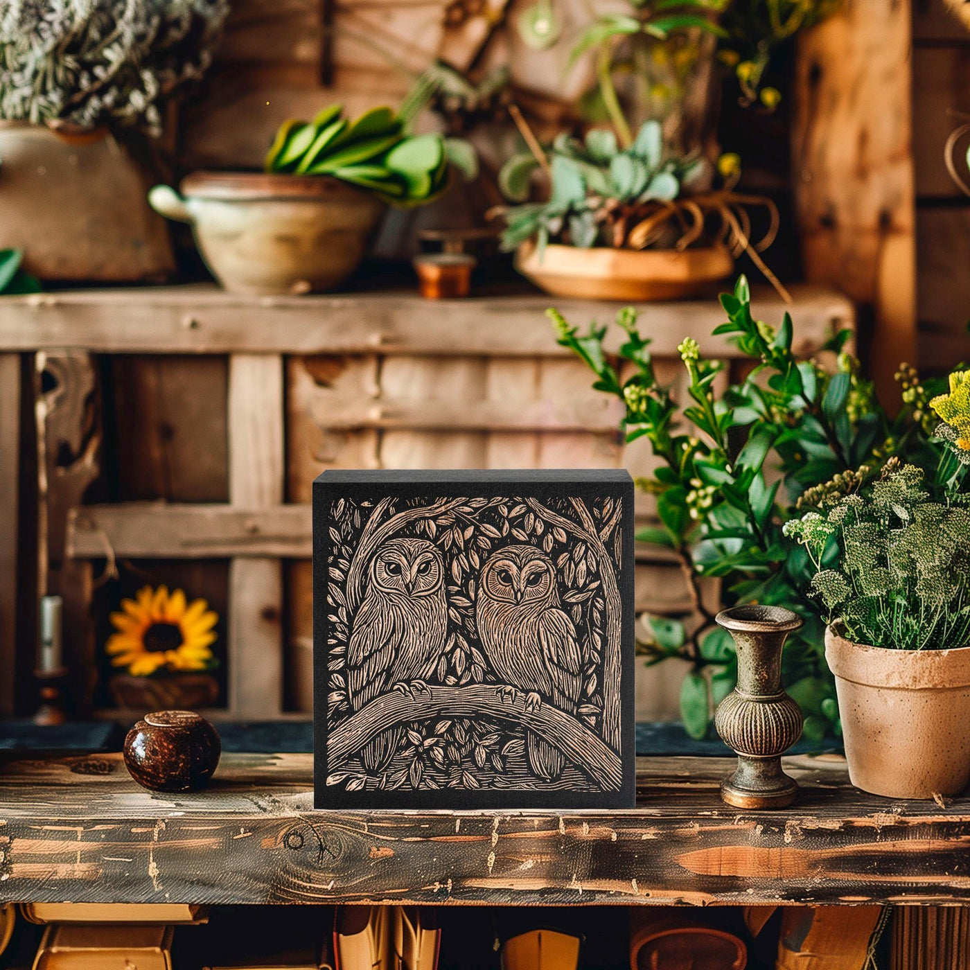 Barn Owl Couple Engraved Birch Wood Panel
