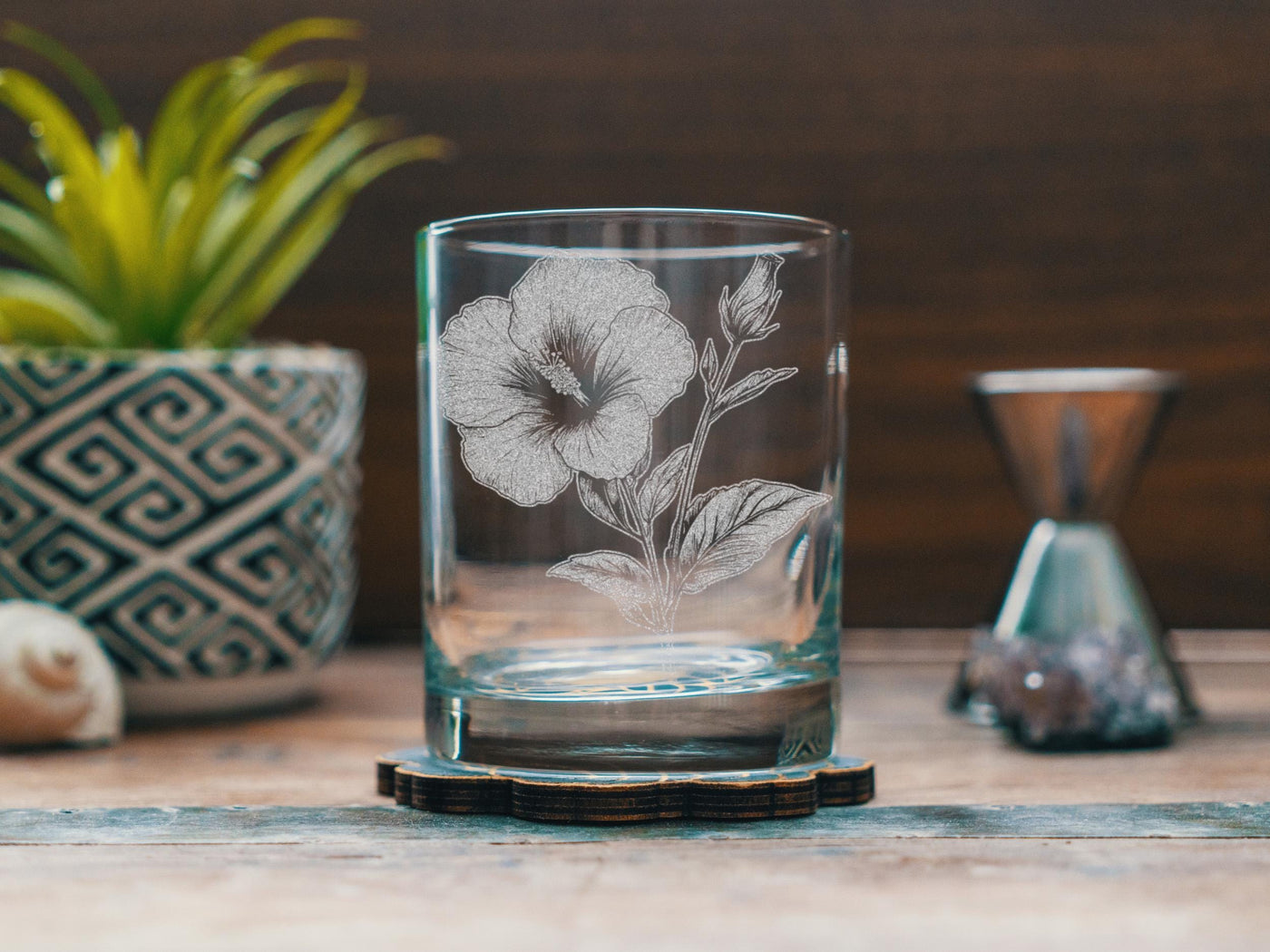 Hibiscus Glasses | Personalized Whiskey, Wine & Beer Etched Glassware, Flower Gifts for Her, Farmhouse Summer Décor, Country Style Accents