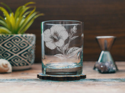 Hibiscus Glasses | Personalized Whiskey, Wine & Beer Etched Glassware, Flower Gifts for Her, Farmhouse Summer Décor, Country Style Accents