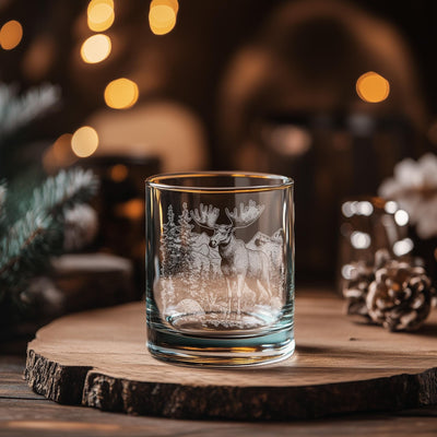 Moose Scene Glasses | Rustic Wildlife Themed Personalized Whiskey, Wine & Beer Glassware, Big Game Drinkware, Northern Forest Animal Gift
