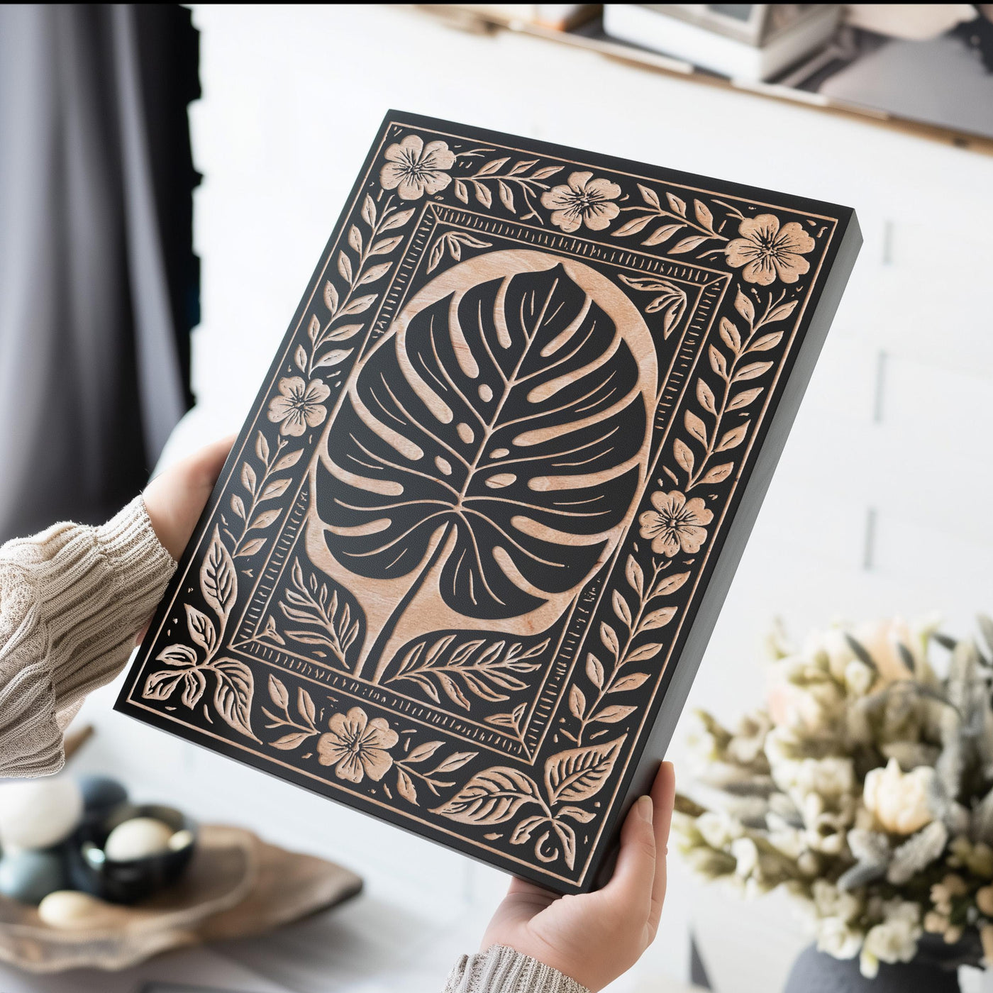 Monstera Leaf Engraved Birch Illustration