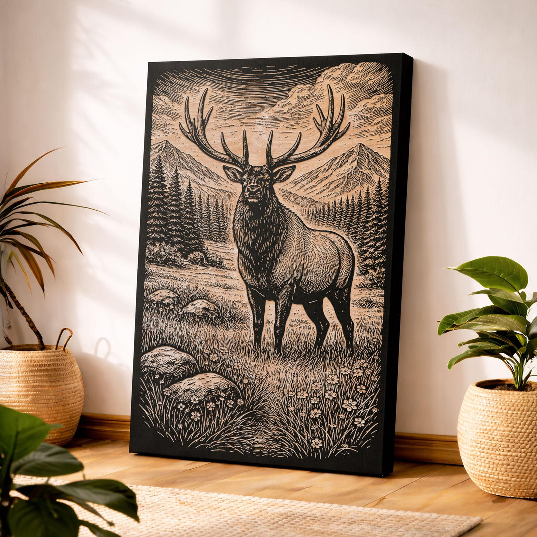 Majestic Elk in Alpine Meadow Engraved Birch Art Panel