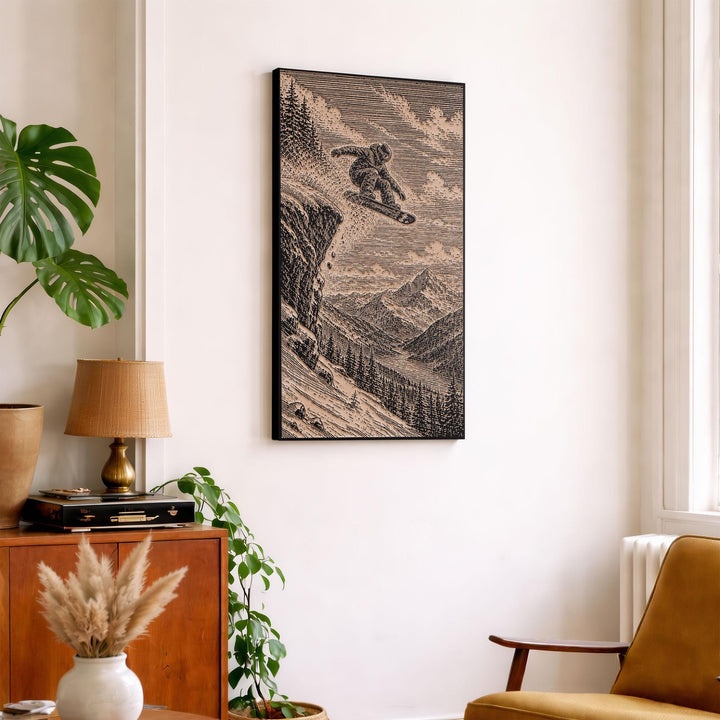 Snowboarder Cliff Jumping Engraved Illustration