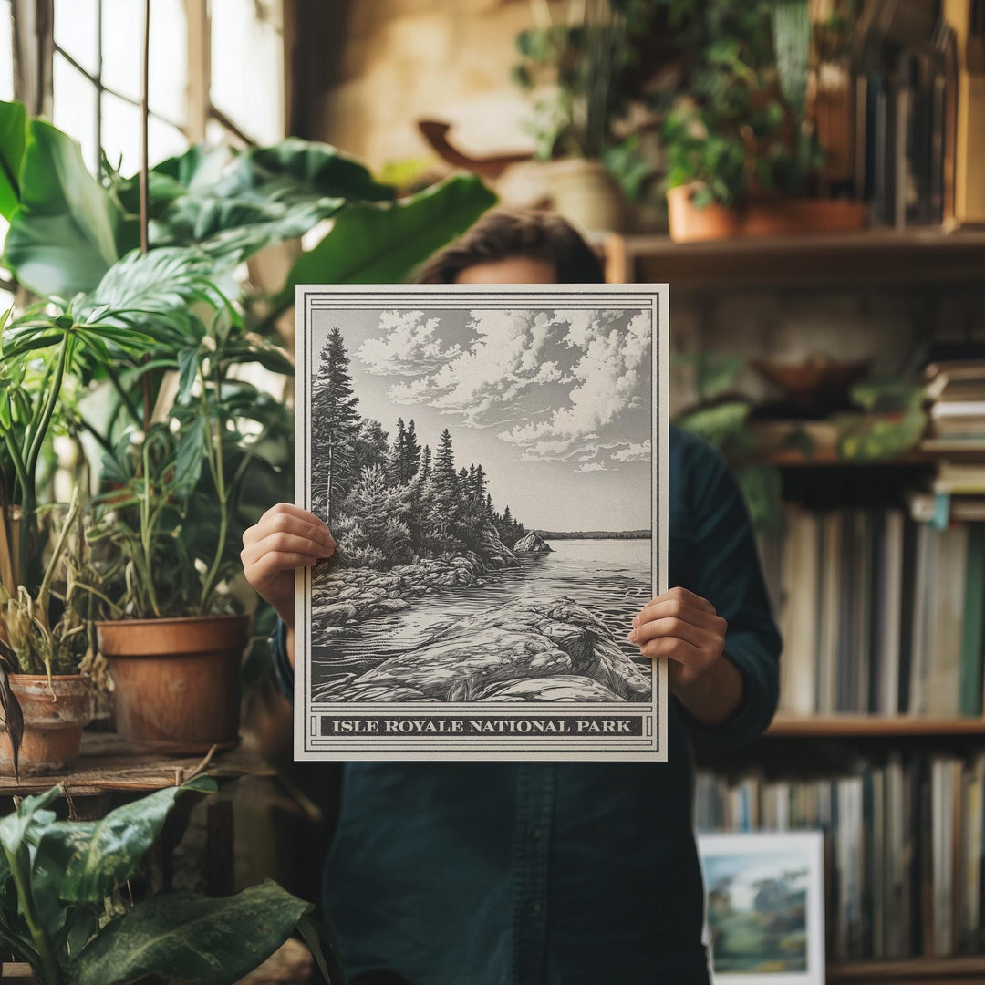 Isle Royale National Park Lithograph Style Print - Vintage Michigan archival matte fine art print Gift. Lake Michigan Greenstone Ridge Trail