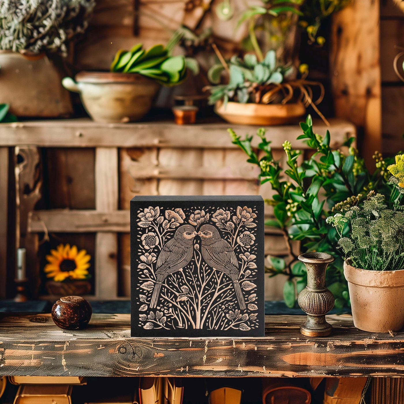 Lovebirds Engraved Birch Wood Panel