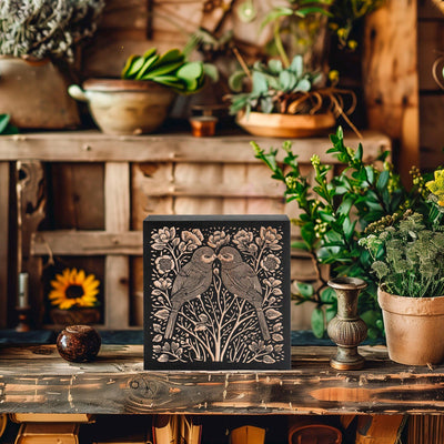Lovebirds Engraved Birch Wood Panel