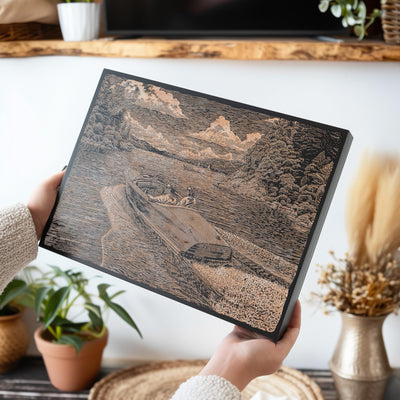 Vintage Lake Boat Engraved Illustration