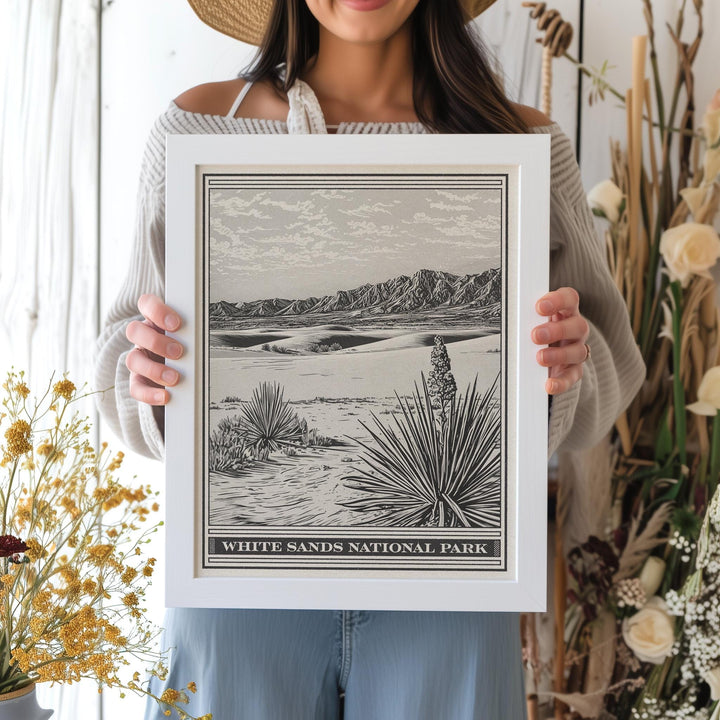 White Sands National Park Lithograph Style Print - Vintage New Mexico archival matte fine art print. Tularosa Basin Gypsum Dune. Travel Gift