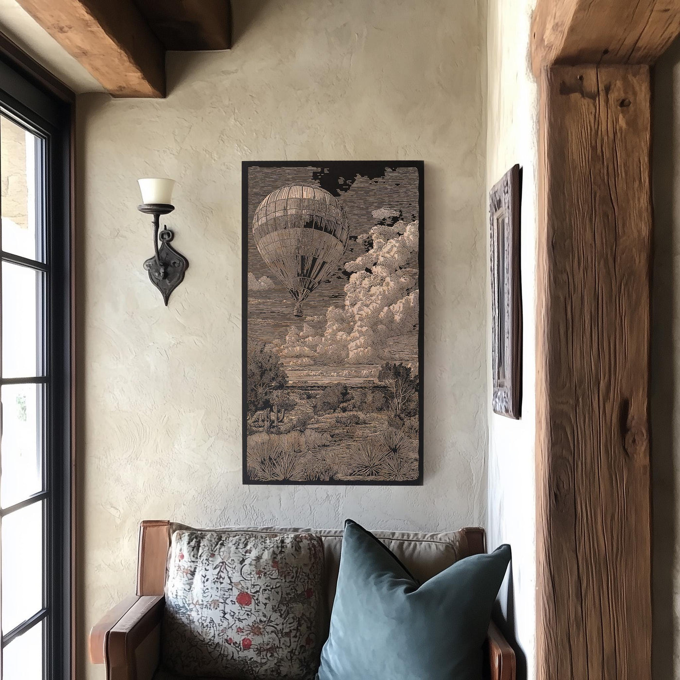 Hot Air Balloon Over the Desert Engraved Illustration