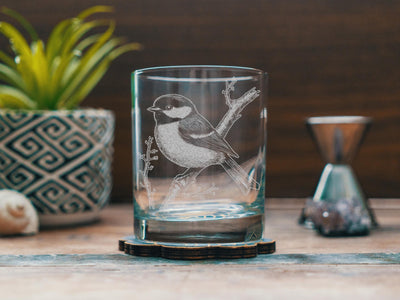 Chickadee Glasses | Birding Personalized Whiskey, Wine & Beer Glassware, Nature Inspired Drinkware, Maine Bird Wildlife Decor, Birder Gift