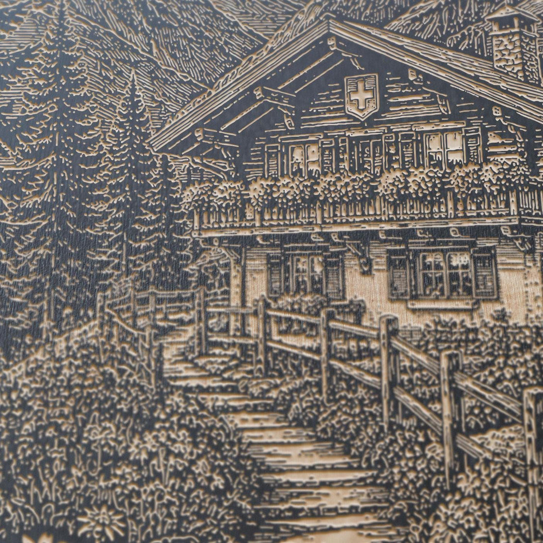 Swiss Alpine Chalet Engraved Birch Art Panel
