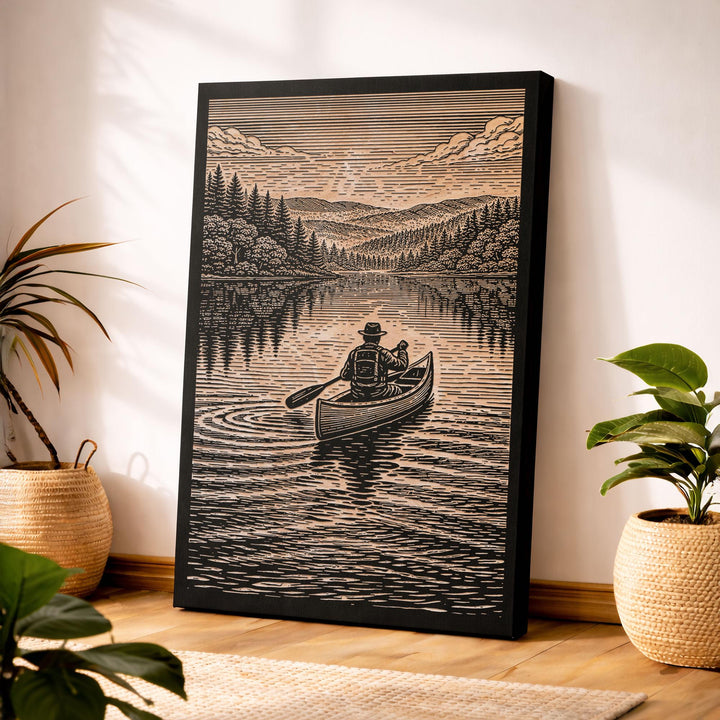 Canoe Paddling Through a Peaceful Forest Engraved Illustration