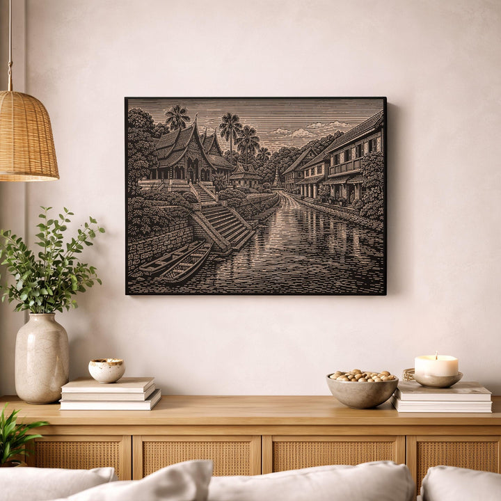 Luang Prabang Riverfront Engraved Birch Art Panel