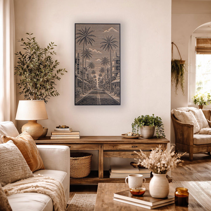 Miami Beach Art Deco Palm Street Engraved Birch Art Panel