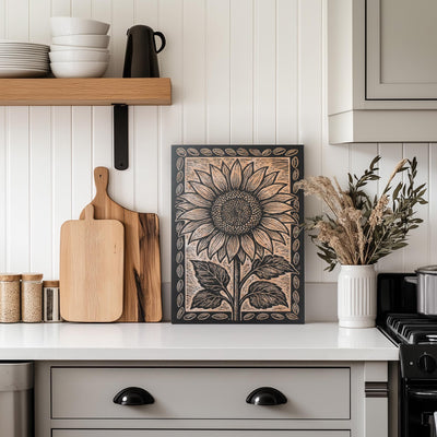 Folk Art Sunflower Engraved Birch Illustration