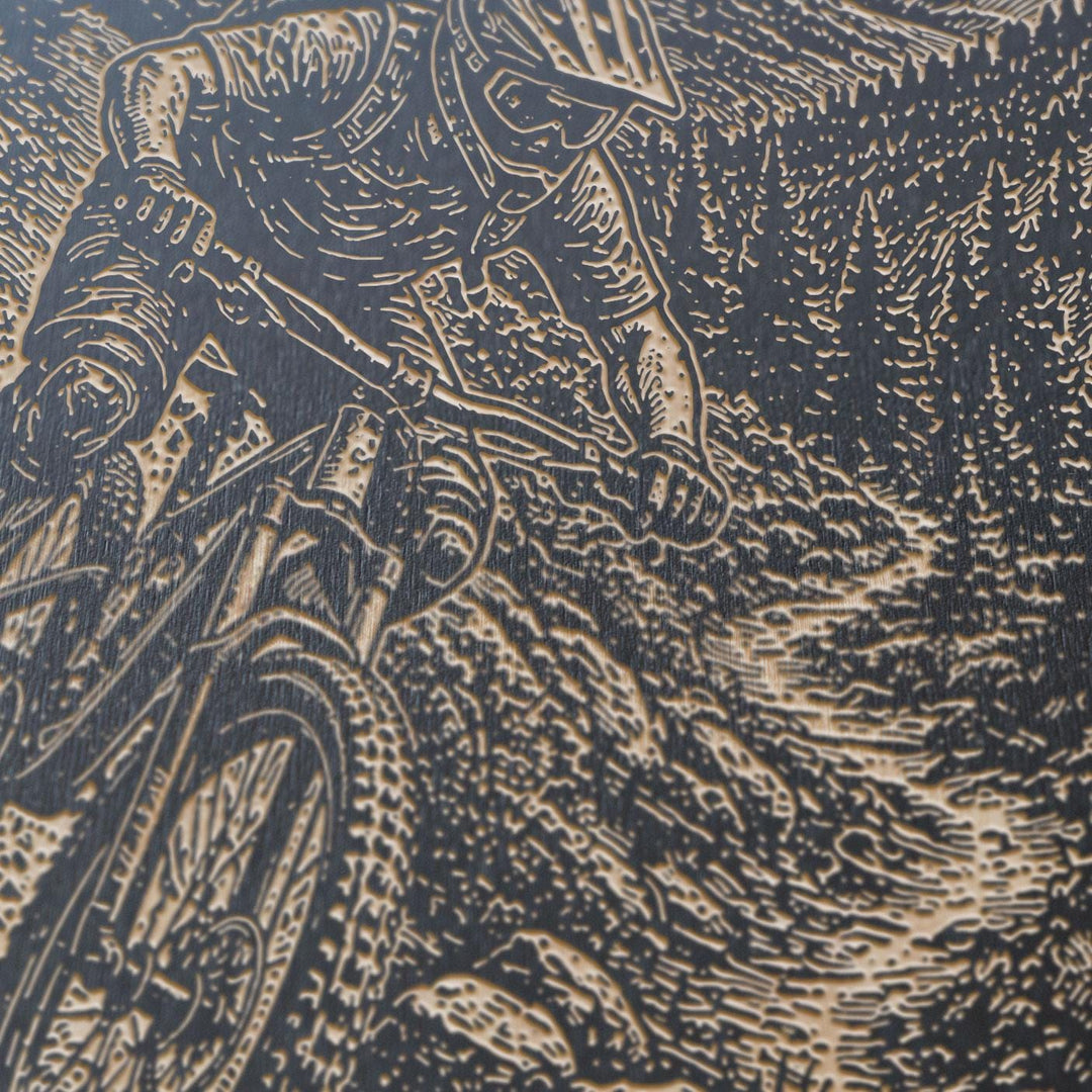 Mountain Biker on Rocky Trail Engraved Illustration