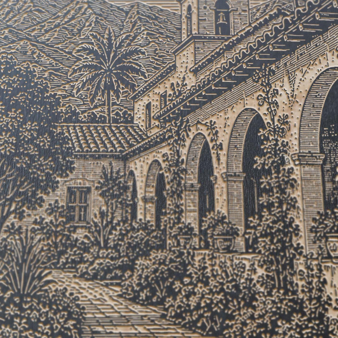 Santa Barbara Mission Garden Walk Engraved Birch Art Panel