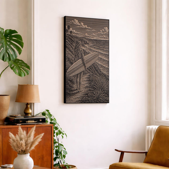 Longboarder on the Bluff Engraved Illustration