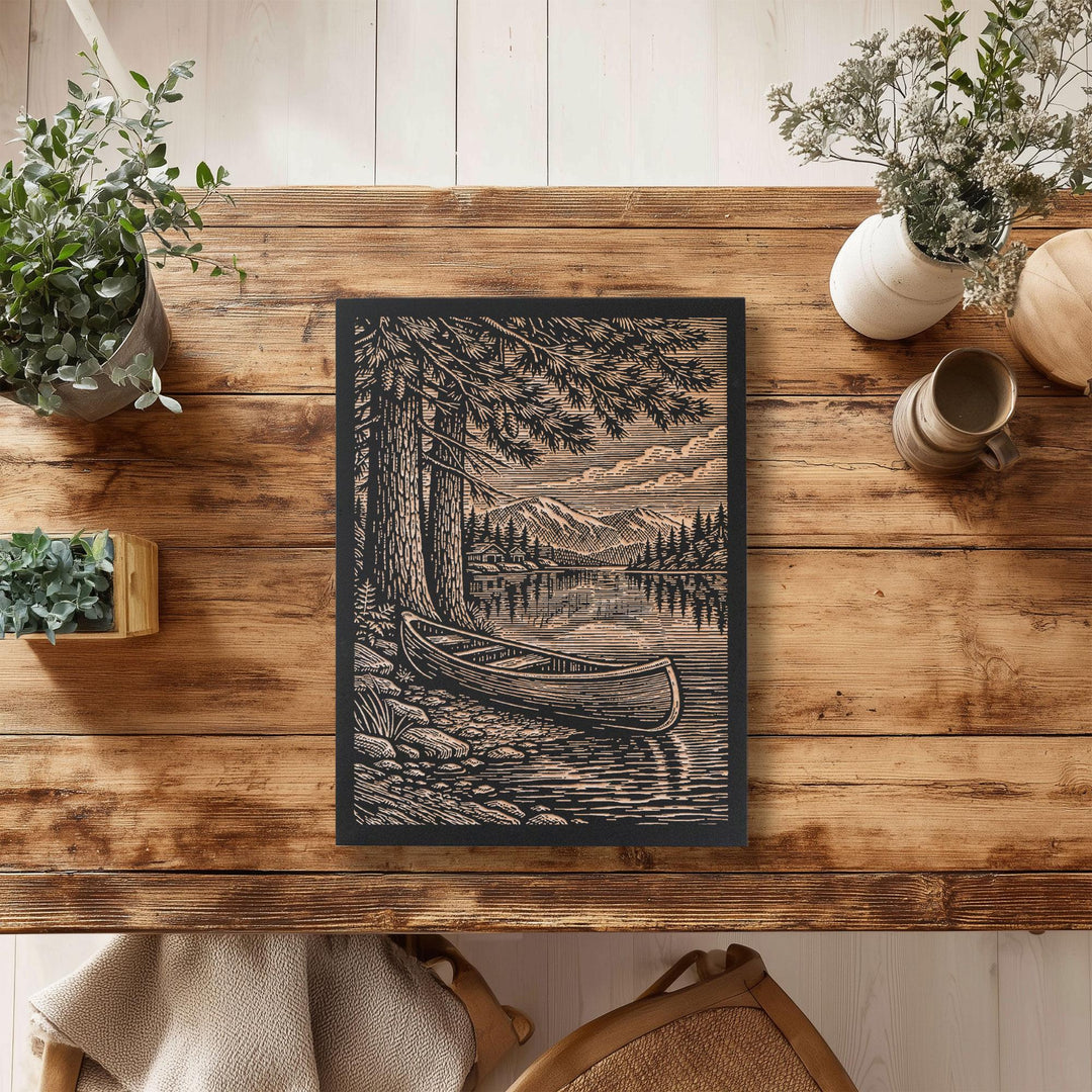 Lakeside Canoe Engraved Illustration