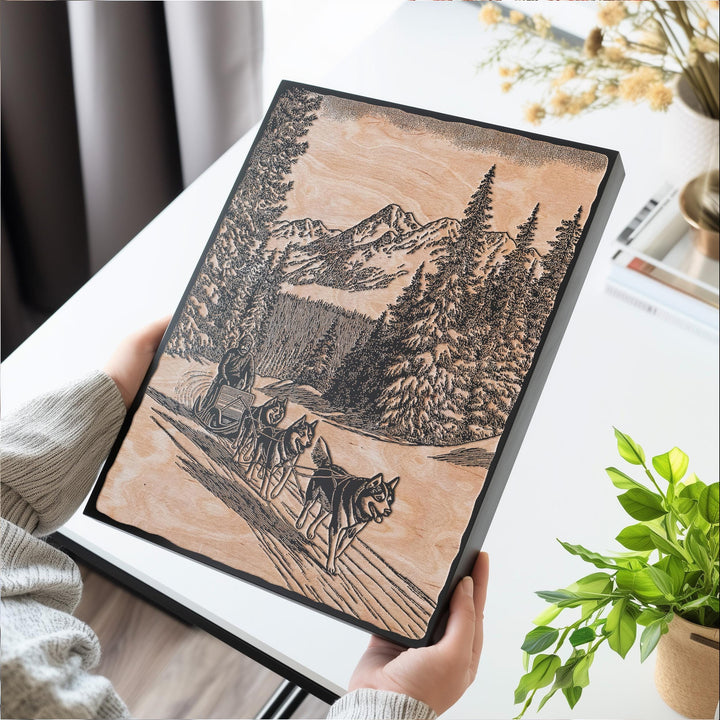 Dog Sledding Engraved Illustration