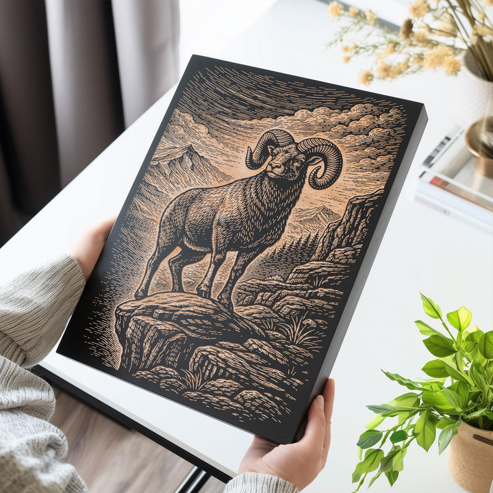 Bighorn Ram on Rocky Ledge Engraved Birch Art Panel