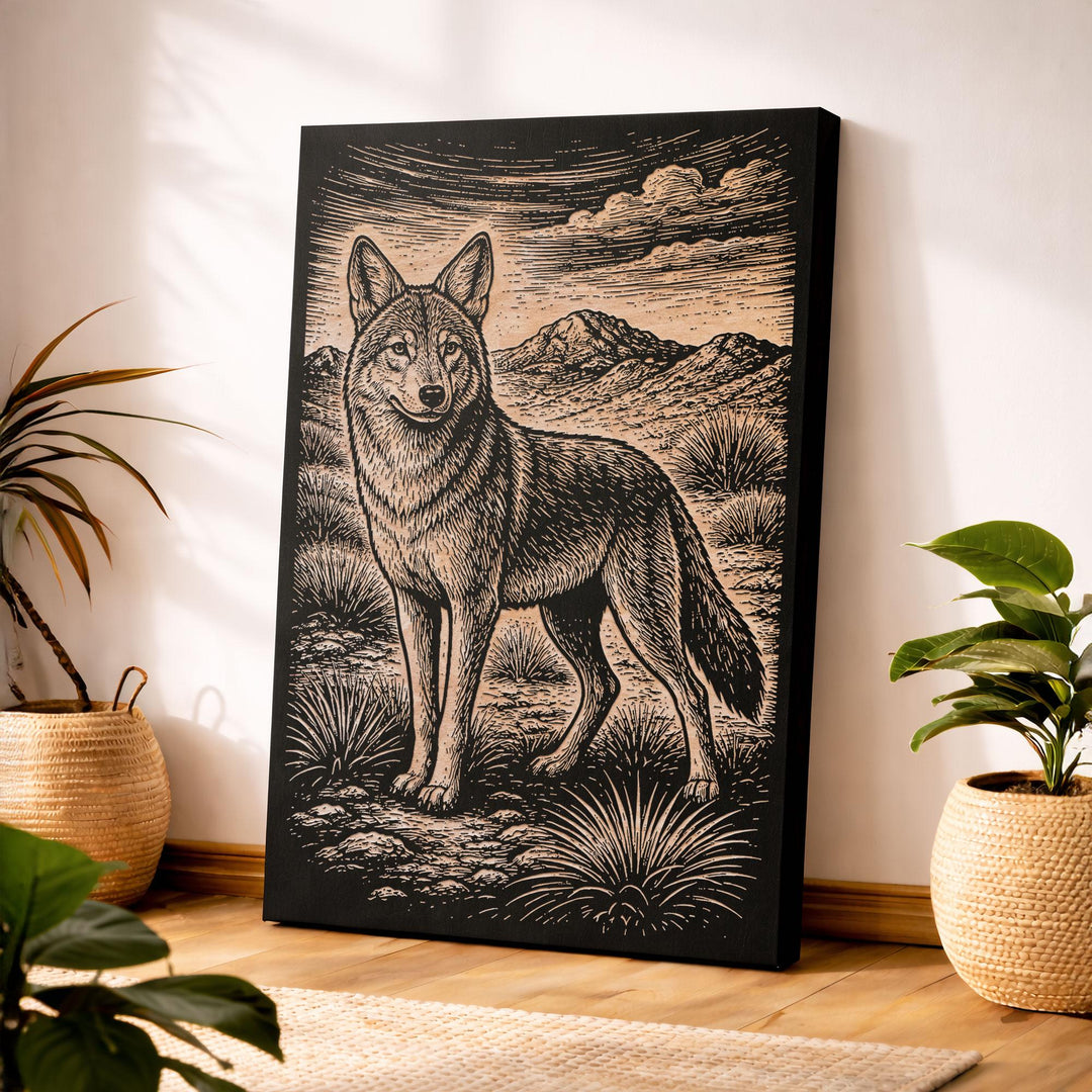 Coyote in Desert Engraved Birch Art Panel