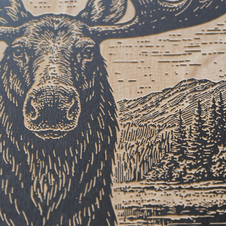 Bull Moose in Marshy Wilderness Engraved Birch Art Panel