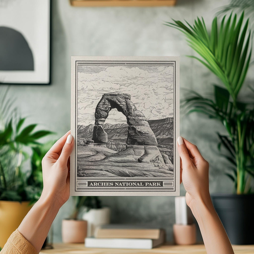 Arches National Park Lithograph Style Print - Vintage Utah archival matte fine art print. Delicate Arch of La Sal Mountains. Desert Gift.