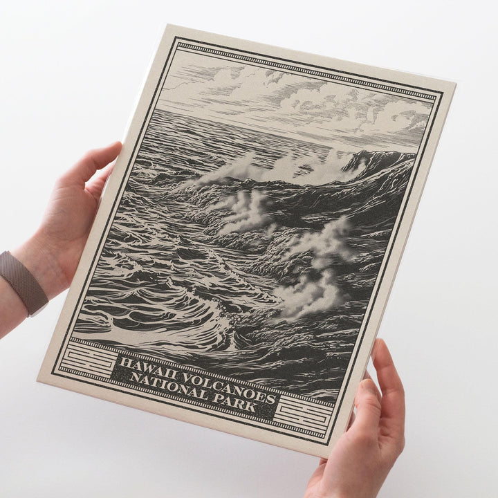 Hawaii Volcanoes National Park Lithograph Style Print - Vintage Hawaii Big Island archival matte fine art print. Kīlauea &amp; Mauna Loa Gift.