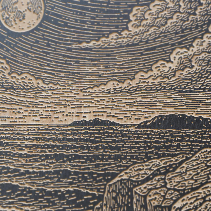 Moonlit Coastal Cliffs at Night Engraved Birch Art Panel