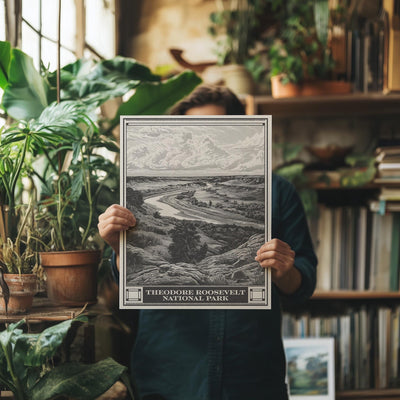 Theodore Roosevelt National Park Lithograph Style Print - Vintage North Dakota archival matte fine art print. Wind Canyon Trail. Travel Gift