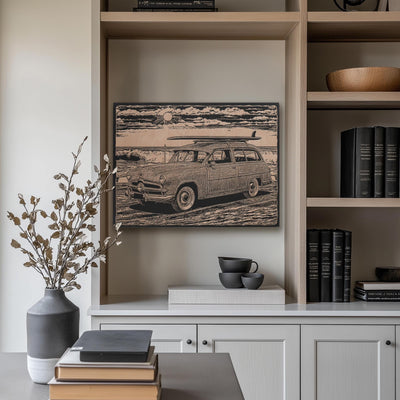 Vintage Beach Station Wagon with Surfboard Engraved Illustration