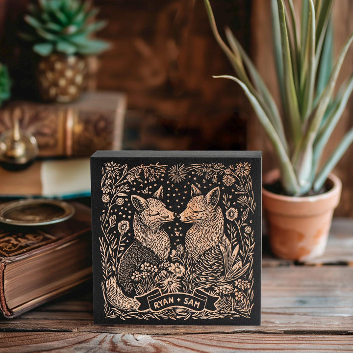 Custom Name Fox Couple Engraved Birch Wood Panel