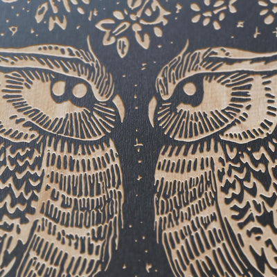 Great Horned Owl Couple Engraved Birch Wood Panel