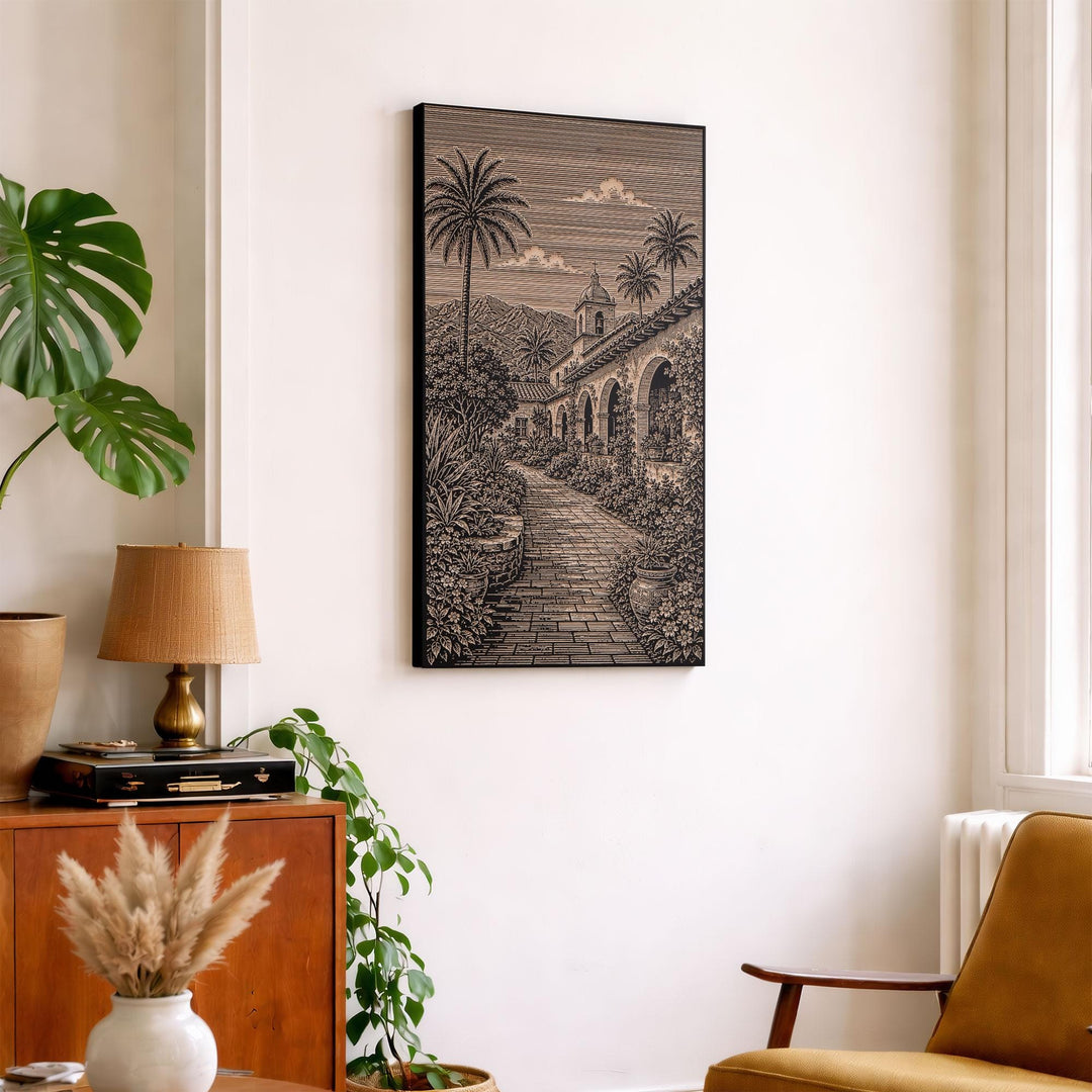 Santa Barbara Mission Garden Walk Engraved Birch Art Panel