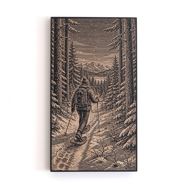 Snowshoe Trek Through Forest Engraved Illustration