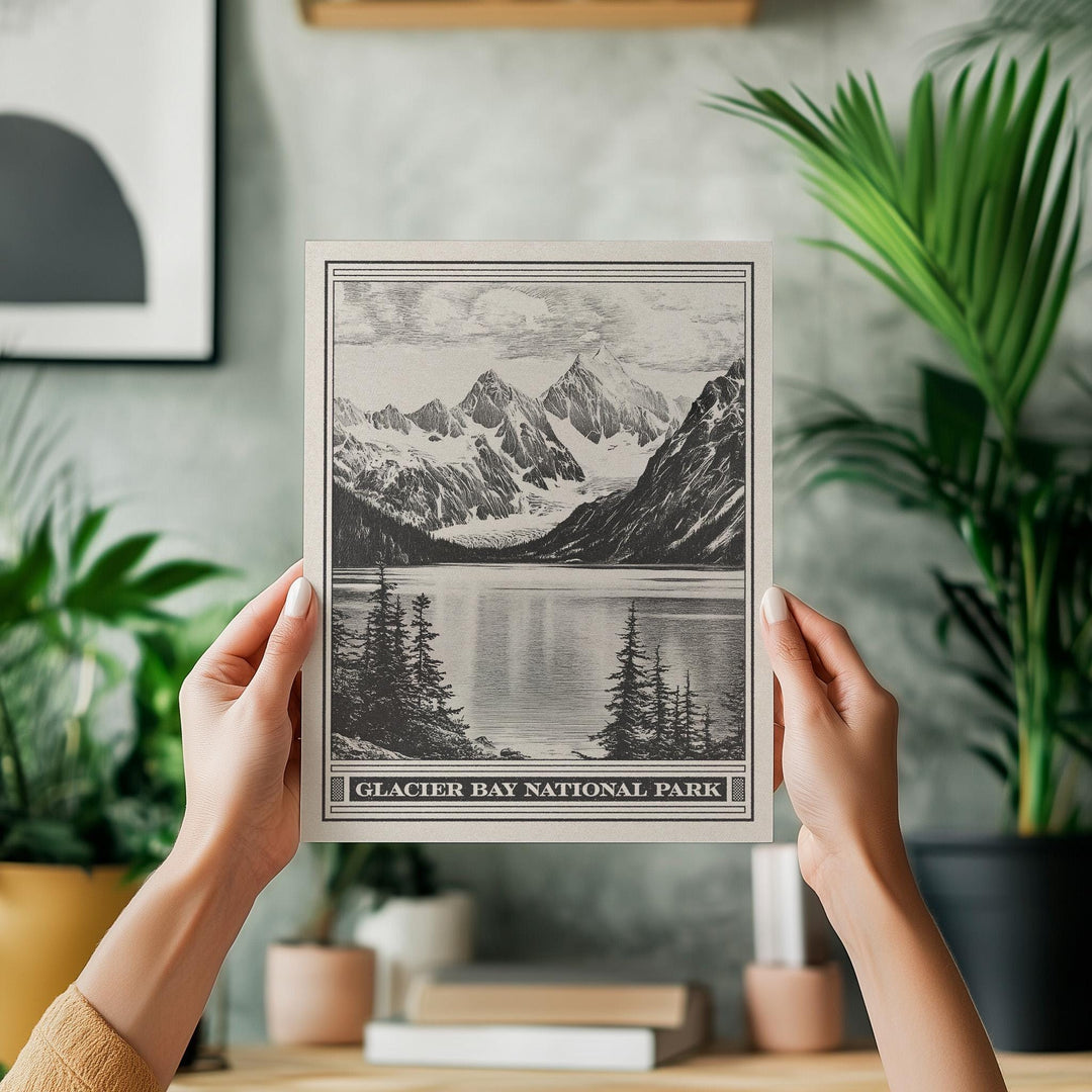 Glacier Bay National Park Lithograph Style Print - Vintage Alaska archival matte fine art print. UNESCO world site. Tarr Inlet. Travel Gift.