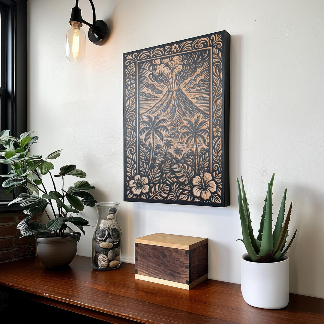Volcano Landscape Engraved Birch Illustration