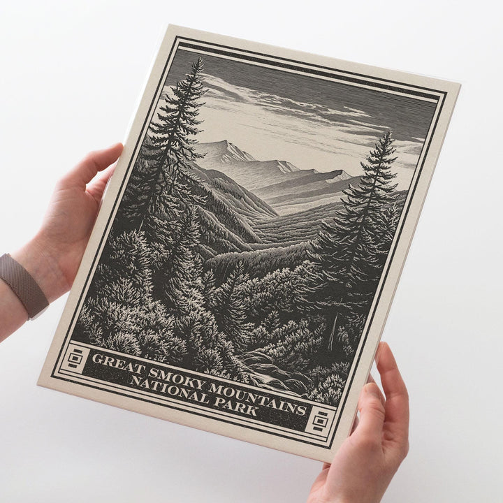 Great Smoky Mountains National Park Lithograph, Vintage Tennessee &amp; North Carolina poster design, archival quality matte fine art print gift