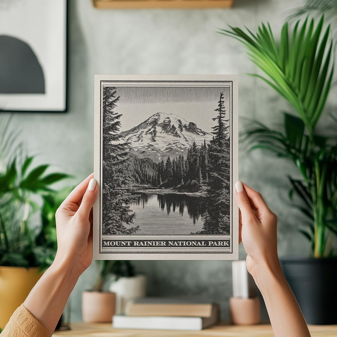Mount Rainier National Park Lithograph Style Print - Vintage Washington archival matte fine art print. Cascade Range Reflection Lake Gift.