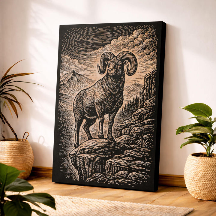Bighorn Ram on Rocky Ledge Engraved Birch Art Panel